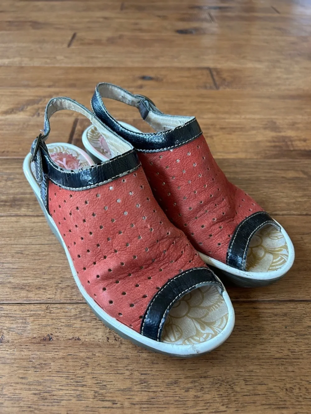 Fly London Yile Perforated Wedge Heel Sandals Red Black Size 36